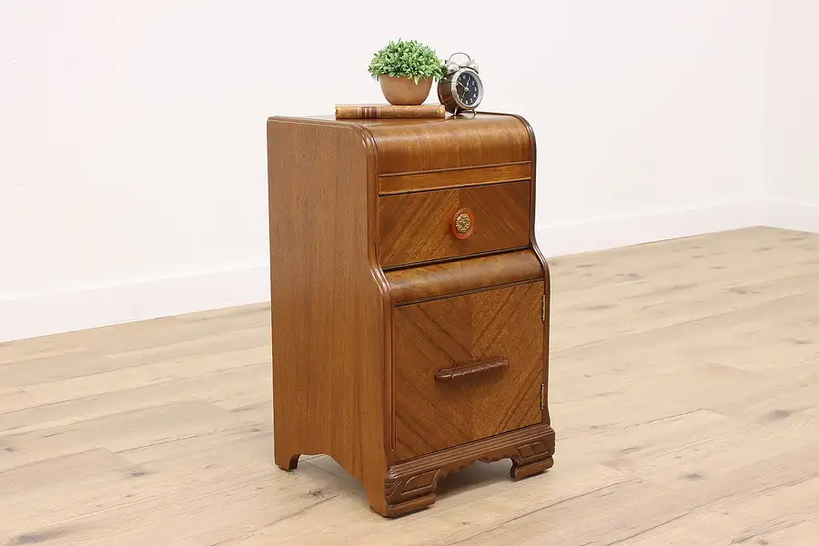 Main image of Art Deco 1930s Vintage Waterfall Nightstand or End Table, Bakelite Pull