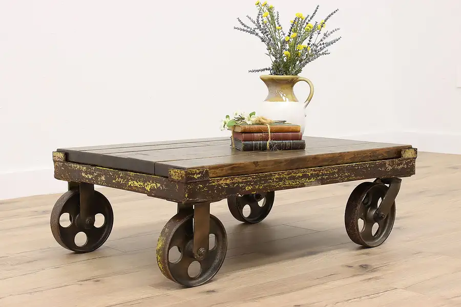 Main image of Farmhouse Vintage Industrial Salvage Pine Cart, Coffee Table, Albion