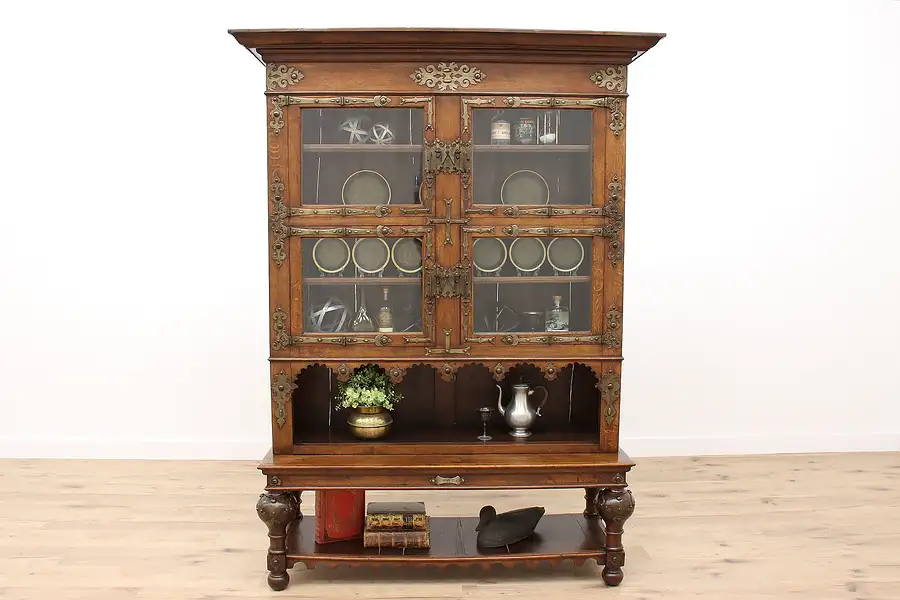 Main image of Tudor Antique Carved Oak Curio Display, Bookcase, Bar Cabinet, Wavy Glass