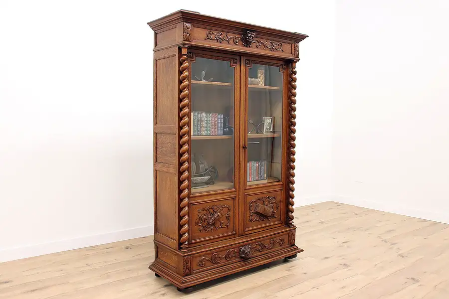 Main image of Black Forest Antique Renaissance Carved Oak Office Bookcase Display Case