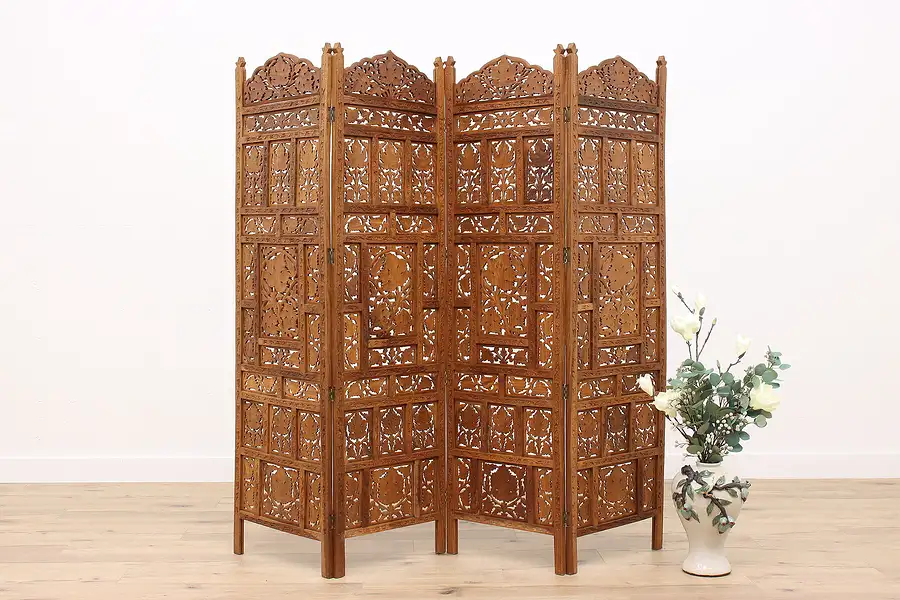 Main image of Indian Hand Carved Teak Vintage 4 Panel Screen, Leaf Motifs