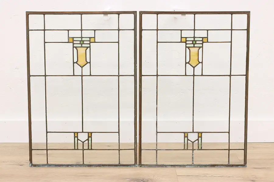 Main image of Pair Craftsman Antique Architectural Salvage Leaded Stained Glass Windows