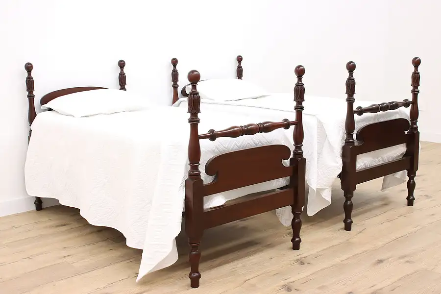 Main image of Pair of Georgian Design Antique Carved Mahogany Twin Poster Beds