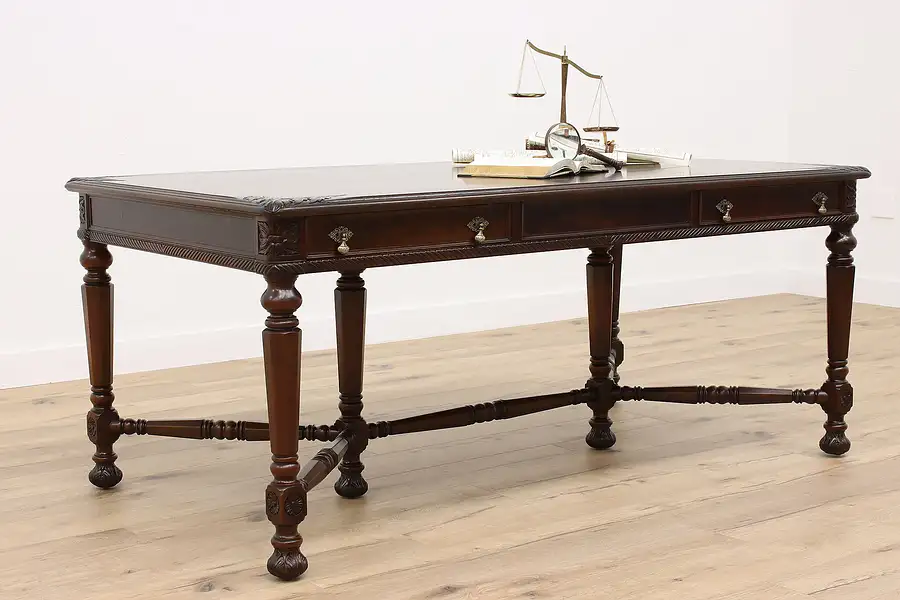 Main image of Tudor Carved Walnut Antique Office Conference Desk, Library Table, Clemco