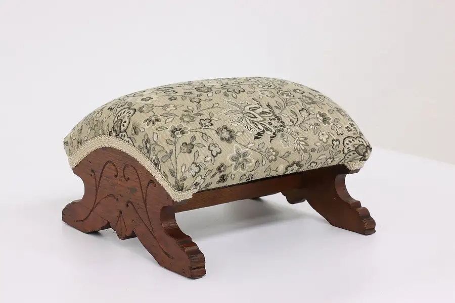 Main image of Victorian Eastlake Antique Carved Oak Footstool, New Upholstery