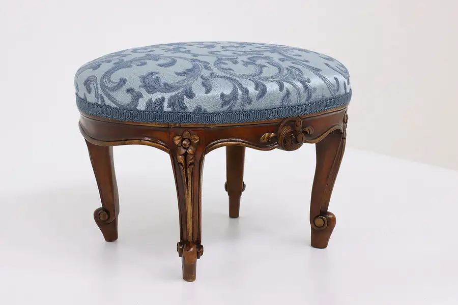 Main image of Country French Carved Mahogany Antique Footstool, New Upholstery