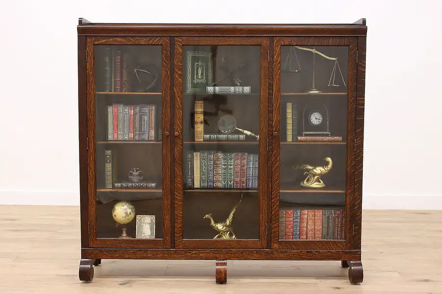 Main image of Empire Antique Oak Office or Library Triple Bookcase, Wavy Glass