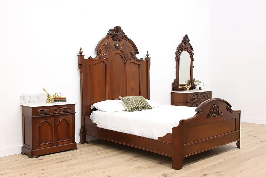 Main image of Victorian Antique Carved Walnut & Marble 3 Pc Bedroom Set, Queen Size Bed