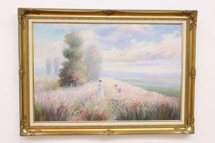 Main image of Victorian Women & Flower Meadow Vintage Original Oil Painting, Kimble 42"