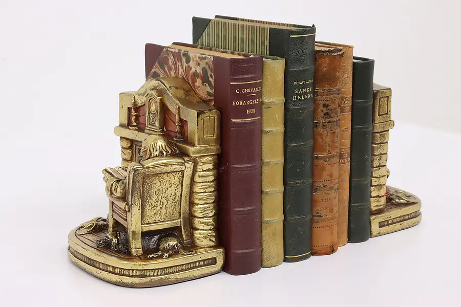 Main image of Pair of Antique Man Old Reading By Fireplace Bookends, Allen Armor Bronze