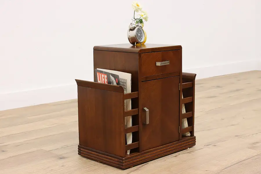 Main image of Art Deco Vintage Walnut Chairside Table Humidor & Magazine Rack