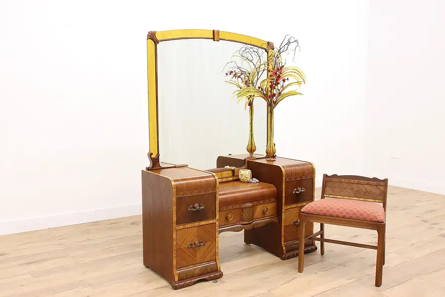 Main image of Art Deco Vintage Waterfall Vanity & Bench, Beveled Mirror, Bakelite Pulls