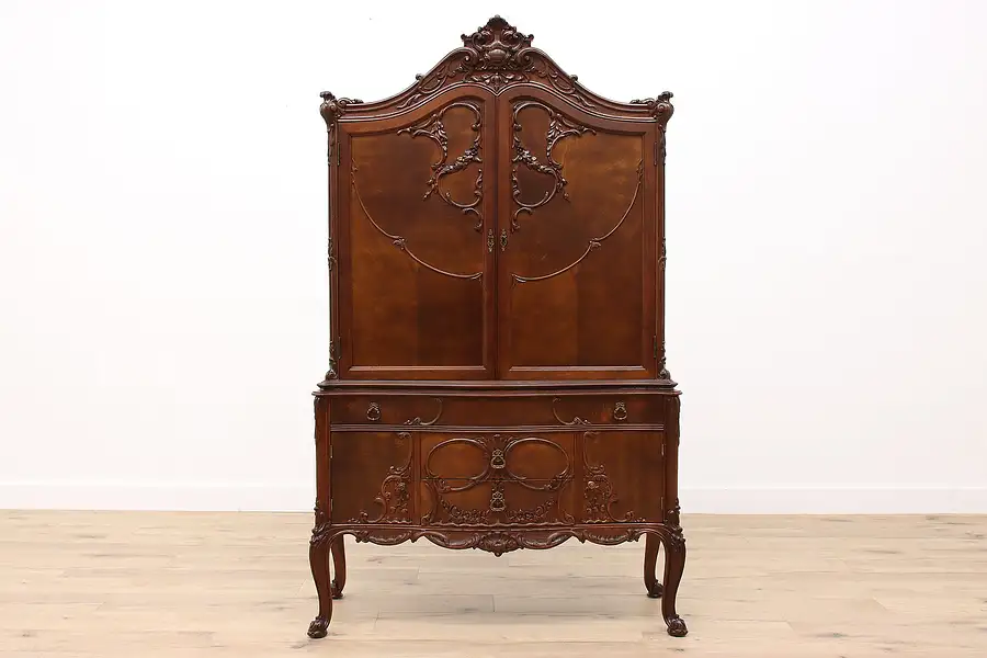 Main image of French Design Vintage Carved Walnut China or Bar Cabinet, Cupboard