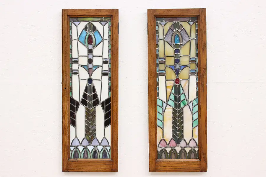 Main image of Pair Arts & Crafts Antique Salvage Leaded Stained Glass Windows or Doors