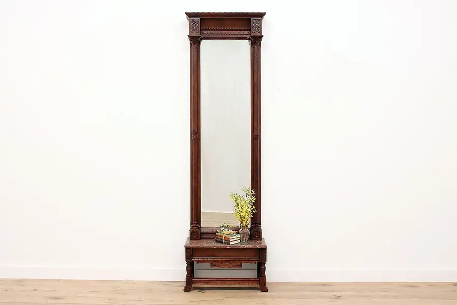 Main image of Victorian Eastlake Antique Carved Walnut Pier Hall Mirror, Marble Shelf