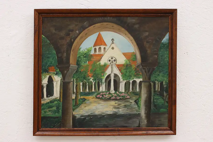 Main image of Sunny Church Courtyard Vintage Danish Original Oil Painting Signed 23.5"