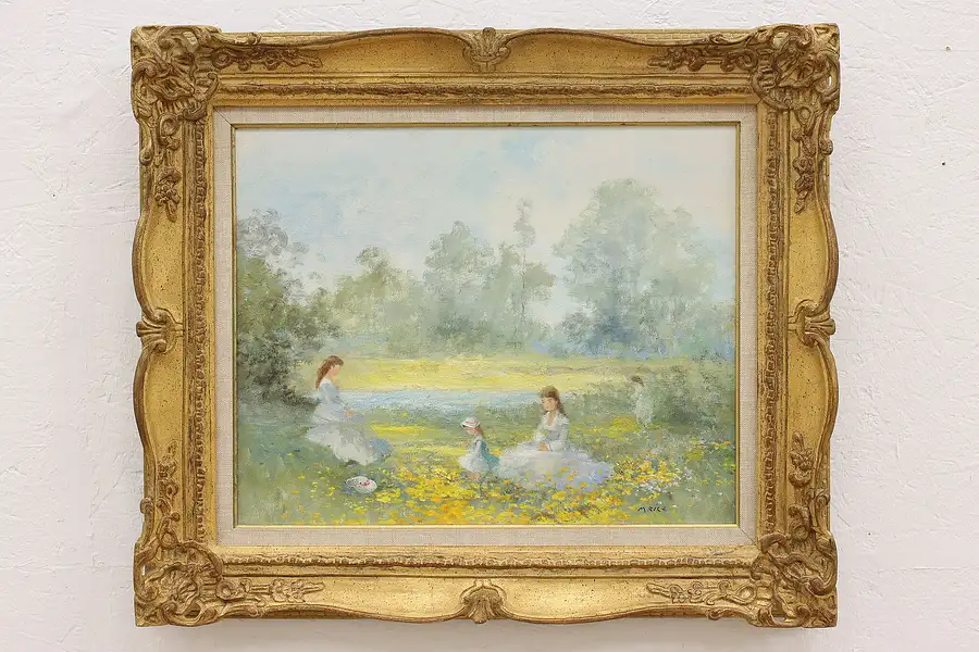 Main image of Gathering Buttercups Vintage Original Oil Painting, M. Rice 27"