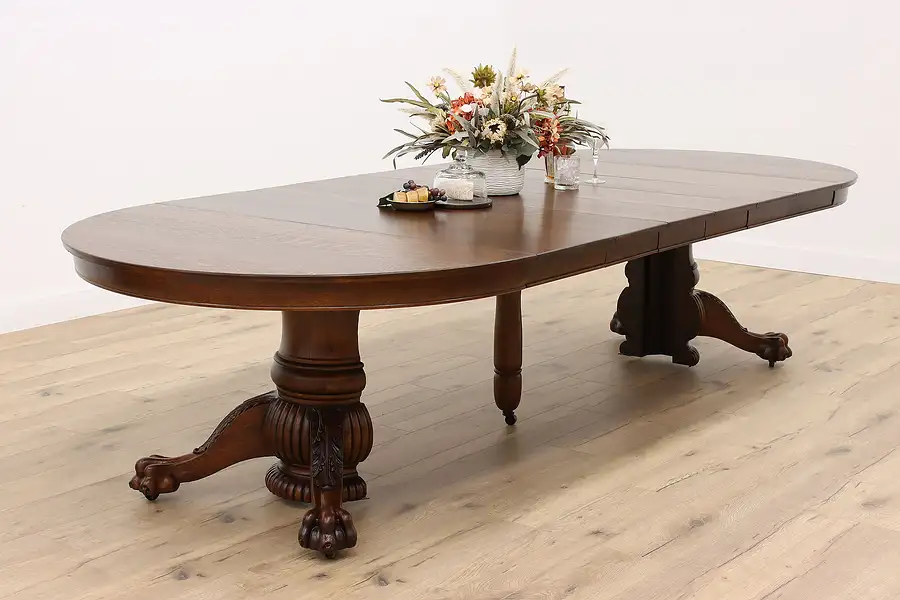 Main image of Victorian Antique Round 54" Oak Dining Table, 6 Leaves, Extends 10.5'