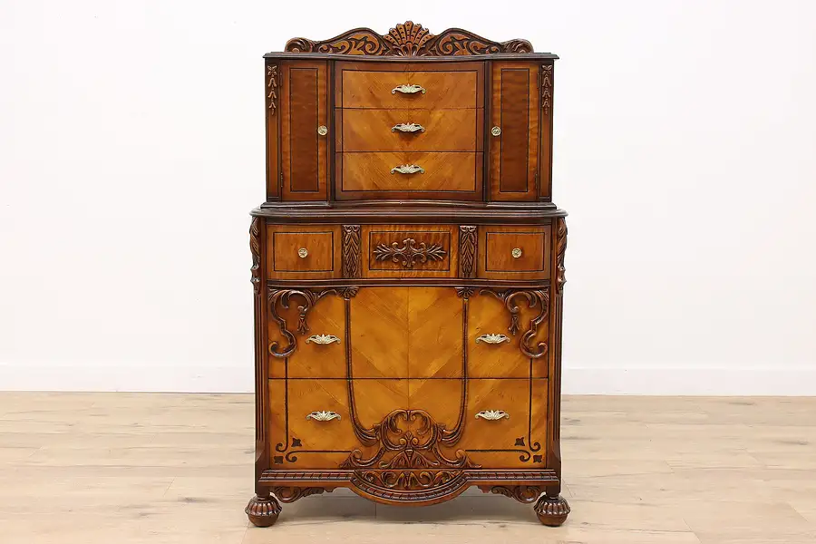 Main image of French Design Antique Carved Walnut & Satinwood Tall Chest or Dresser