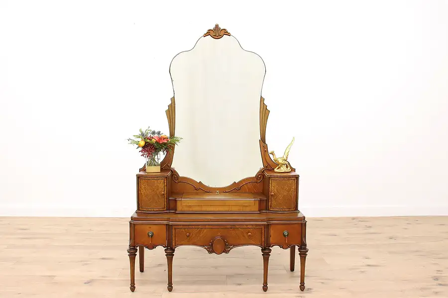 Main image of Tudor Style Antique Walnut & Satinwood Vanity & Mirror, Williamsport