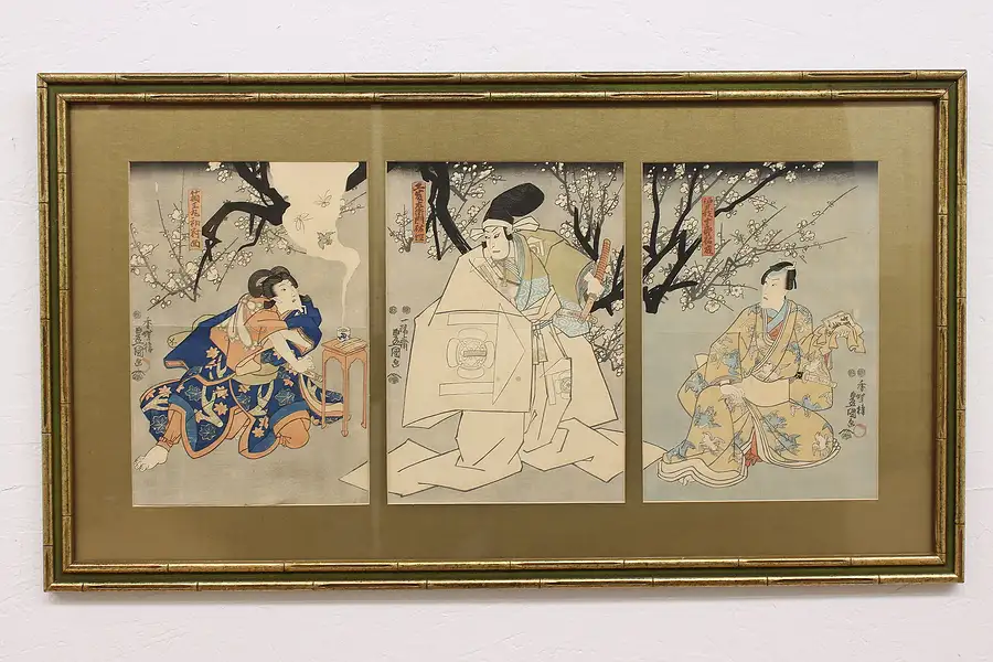 Main image of Japanese Kabuki Antique Woodblock Triptych Scene Prints 38"