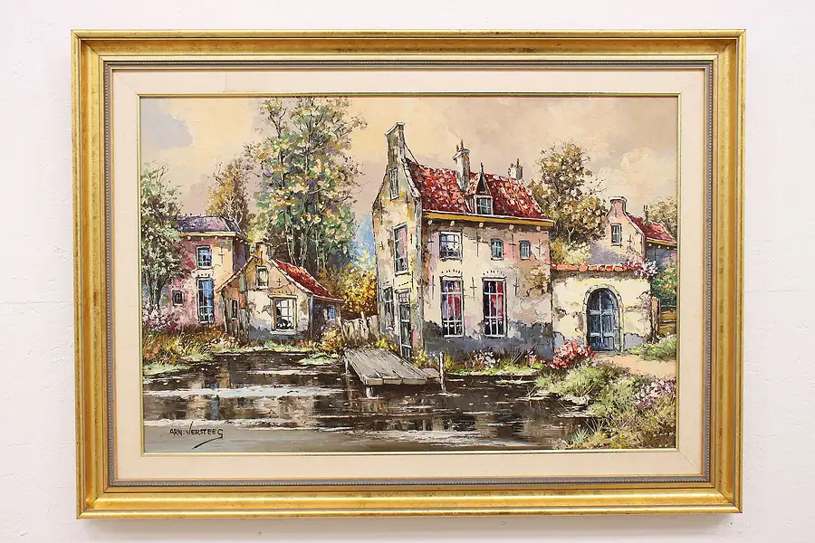 Main image of Dutch Canal Scene Vintage Original Oil Painting, Versteeg 44.5"