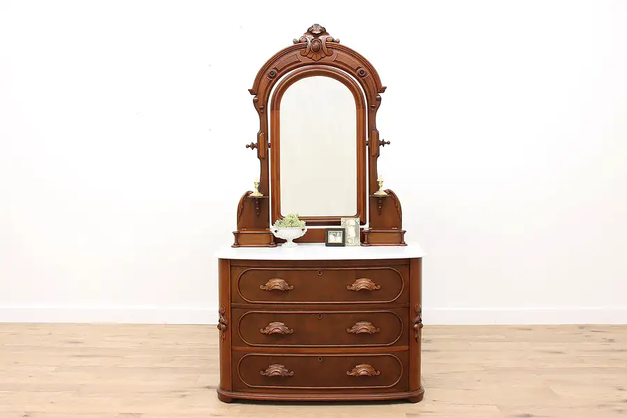 Main image of Victorian Antique Carved Walnut & Burl Dresser & Mirror, Marble Top