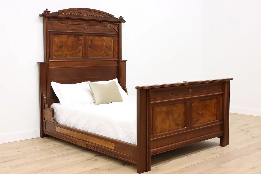 Main image of Victorian Eastlake Antique Carved Walnut & Burl Queen Size Bed