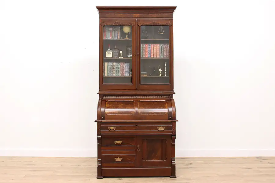 Main image of Victorian Eastlake Antique Walnut Cylinder Roll Secretary Desk & Bookcase