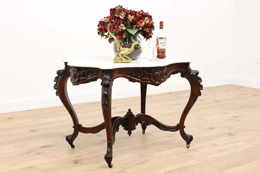 Main image of Victorian Antique Carved Parlor or Hall Lamp Table, Marble Top