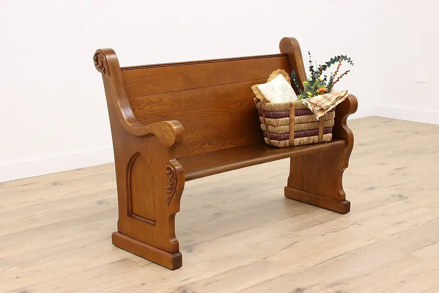 Main image of Victorian Carved Oak Antique Church Pew or Hall Bench