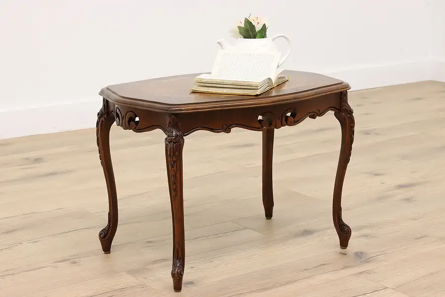 Main image of French Design Vintage Carved Walnut & Marquetry Coffee Table