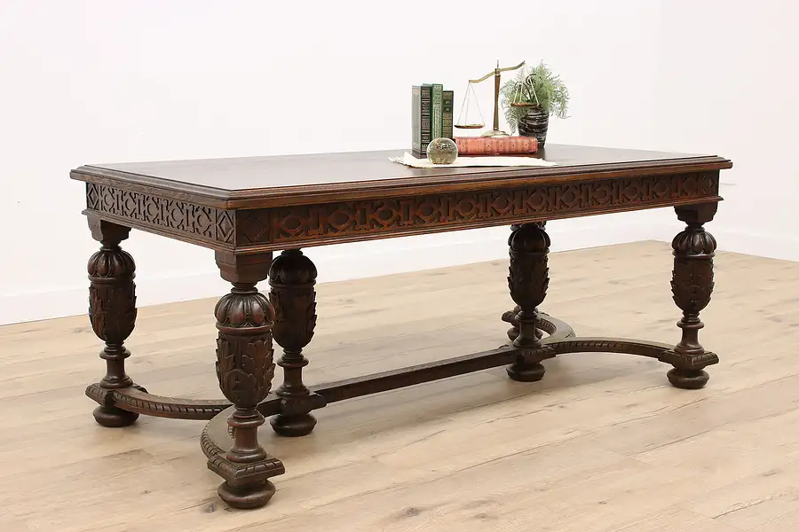 Main image of Tudor Design Antique Carved Oak Office Desk, Dining or Library Table