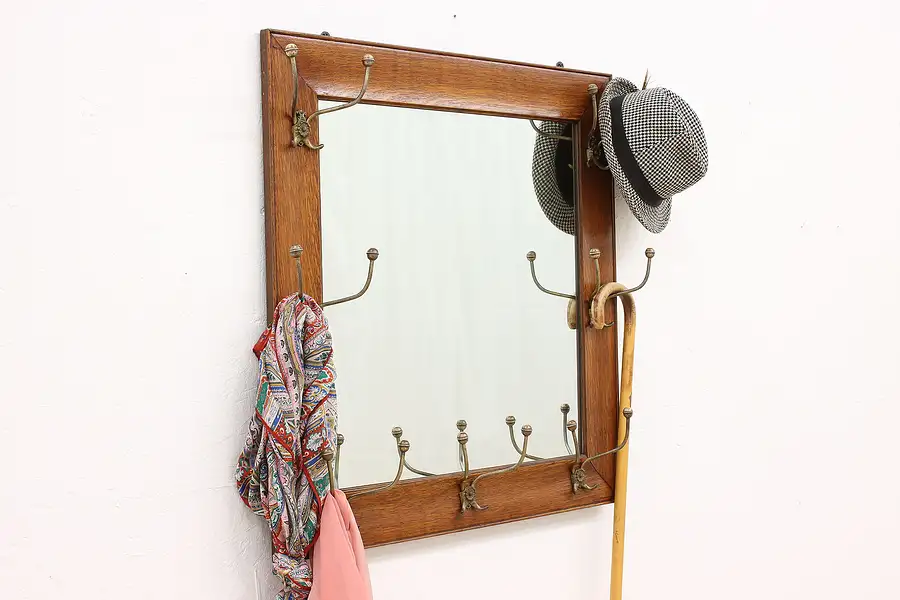 Main image of Oak Victorian Antique Hanging Hall Coat or Hat Rack with Mirror