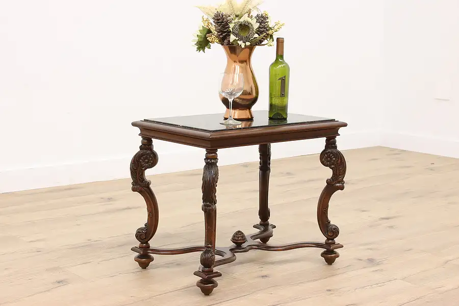 Main image of Marble Top Antique Renaissance Walnut Coffee Table, Carved Legs