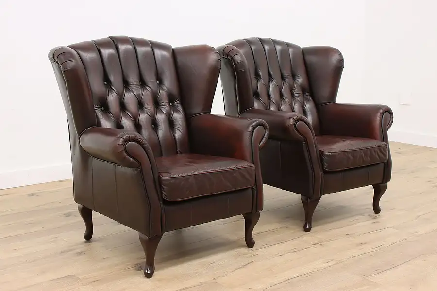 Main image of Pair of Traditional Vintage Carved Birch & Leather Wingback Chairs