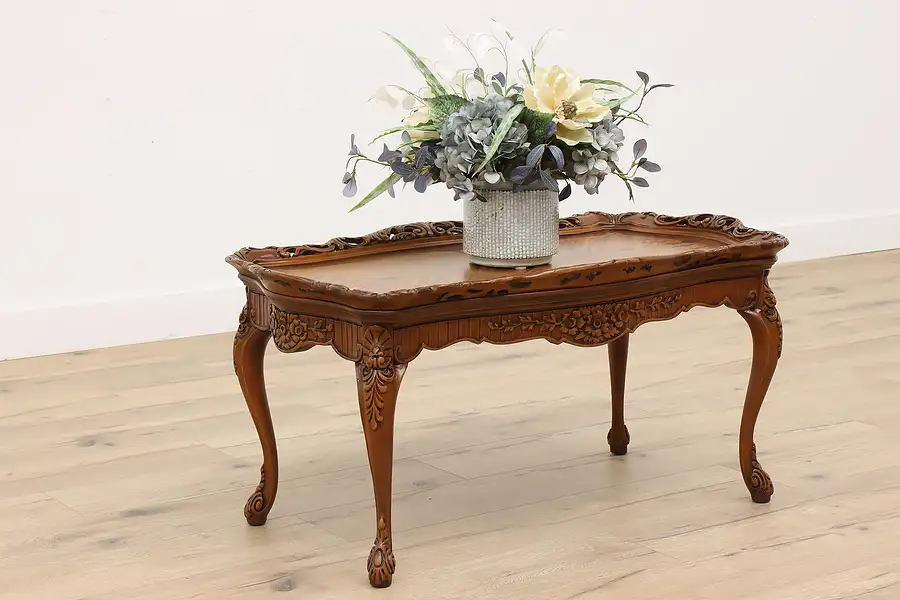 Main image of French Style Inlaid Marquetry Vintage Carved Coffee Table