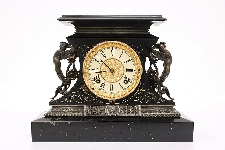 Main image of Victorian Antique Iron Clock Ansonia NY Pat 1882