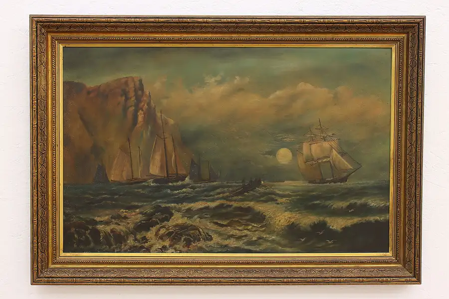 Main image of Sailing Ships, Shoals & Cliffs Antique Original Oil Painting, 45"