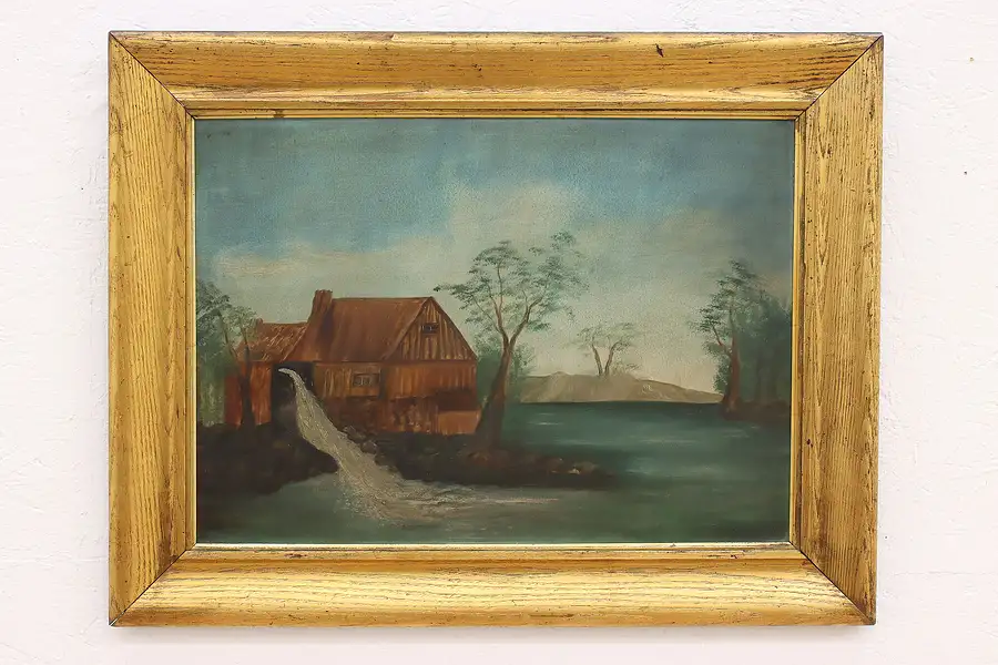 Main image of Mill with Wheel & Stream Antique Oil Painting, Gilt Oak Frame 31"