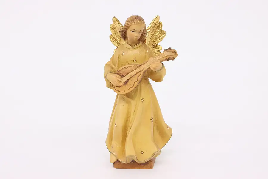 Main image of Hand Carved Vintage Swiss Sculpture Angel with Mandolin Statue