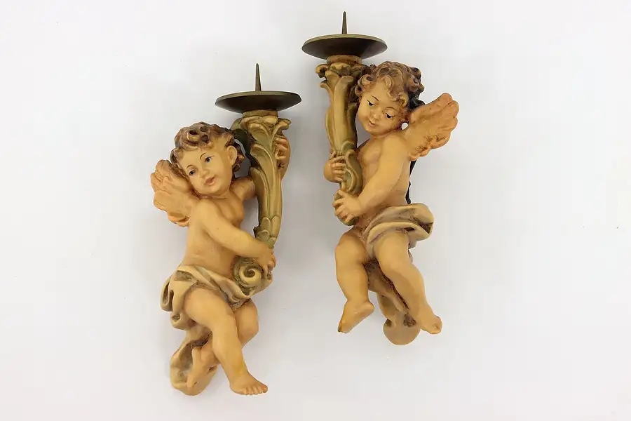 Main image of Pair of Carved Cherub Wall Hanging Brass Candle Sconces