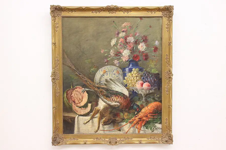 Main image of Still Life Flowers & Lobster Antique Original Oil Painting, Rataille 51"