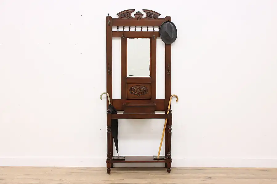 Main image of Victorian Antique English Carved Walnut Hall Stand, Mirror