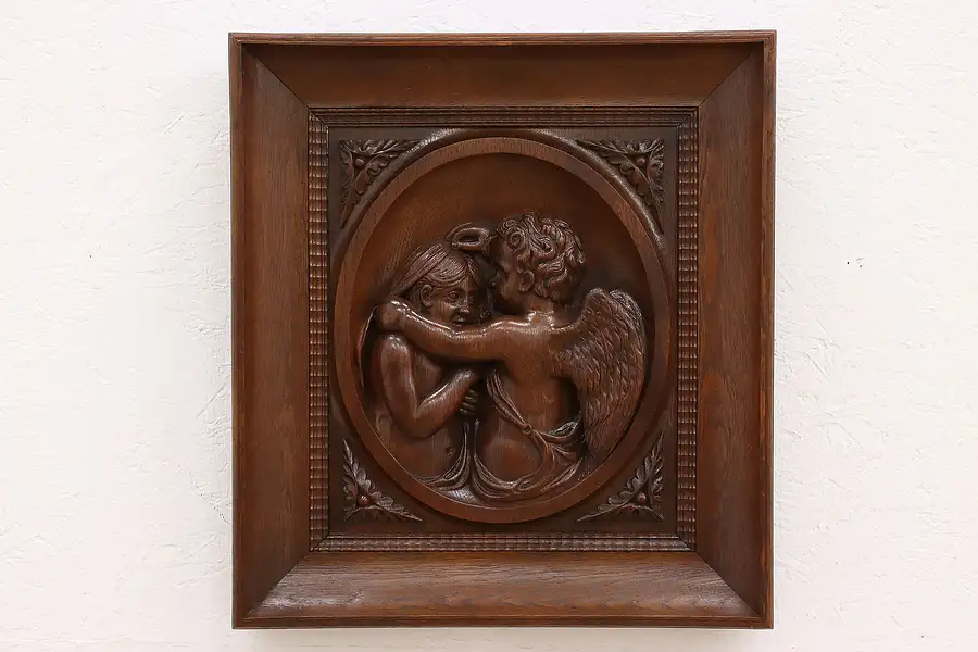 Main image of Antique Cupid & Psyche Carved Angel Oak Architectural Salvage Panel