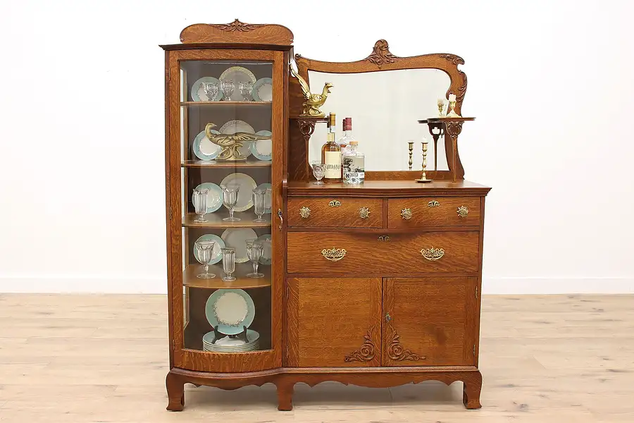 Main image of Victorian Antique Oak Side by Side Sideboard China Cabinet, Curved Glass