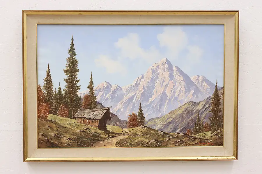 Main image of Alpine Scene Original Vintage Oil Painting, Signed R. Hallor 41"