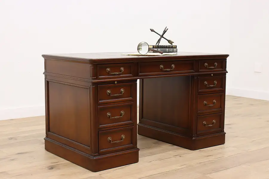 Main image of Traditional Vintage Cherry Office or Library Desk, Leather Top, Sligh