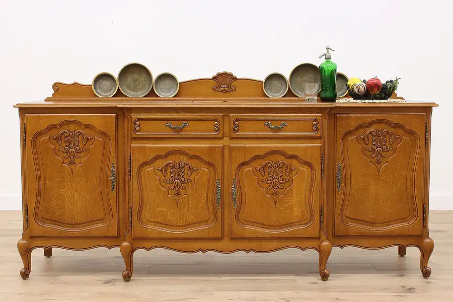 Main image of Country French Vintage Carved Oak Buffet, Server, Bar Cabinet, TV Console