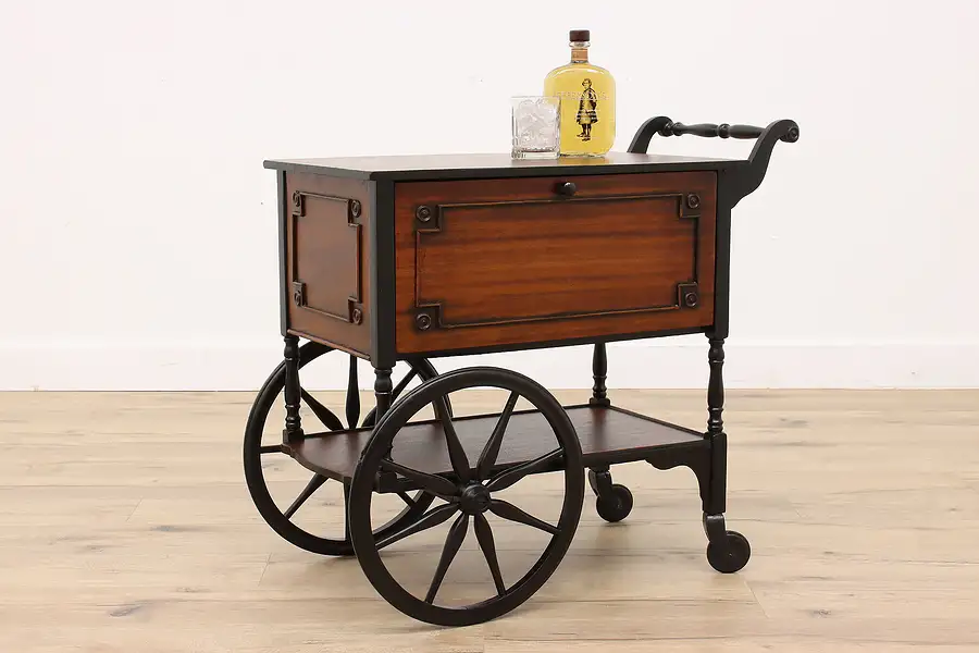 Main image of Traditional Antique Mahogany Rolling Bar or Tea Cart, Drop Sides